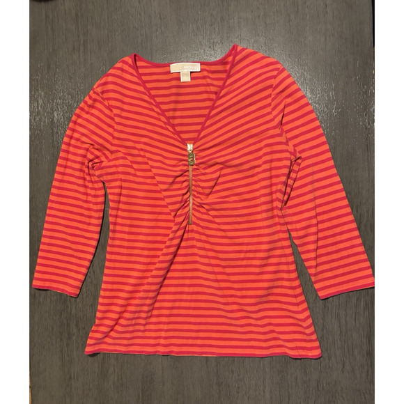 Michael Kors striped 3/4 sleeve half zip top Size L - Picture 1 of 7